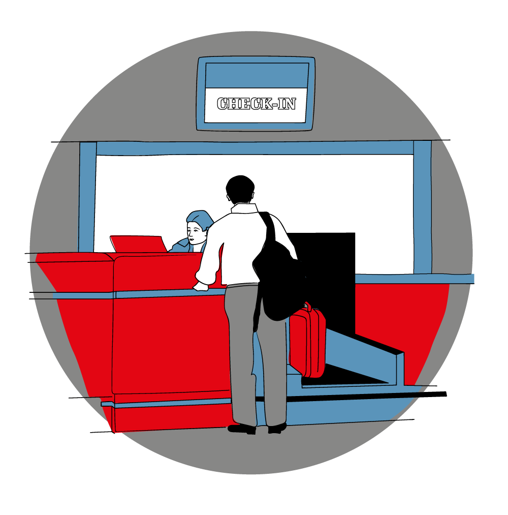 Der Flughafen Check-In Schalter, bevor es dann endlich ins Flugzeug Richtung USA geht.