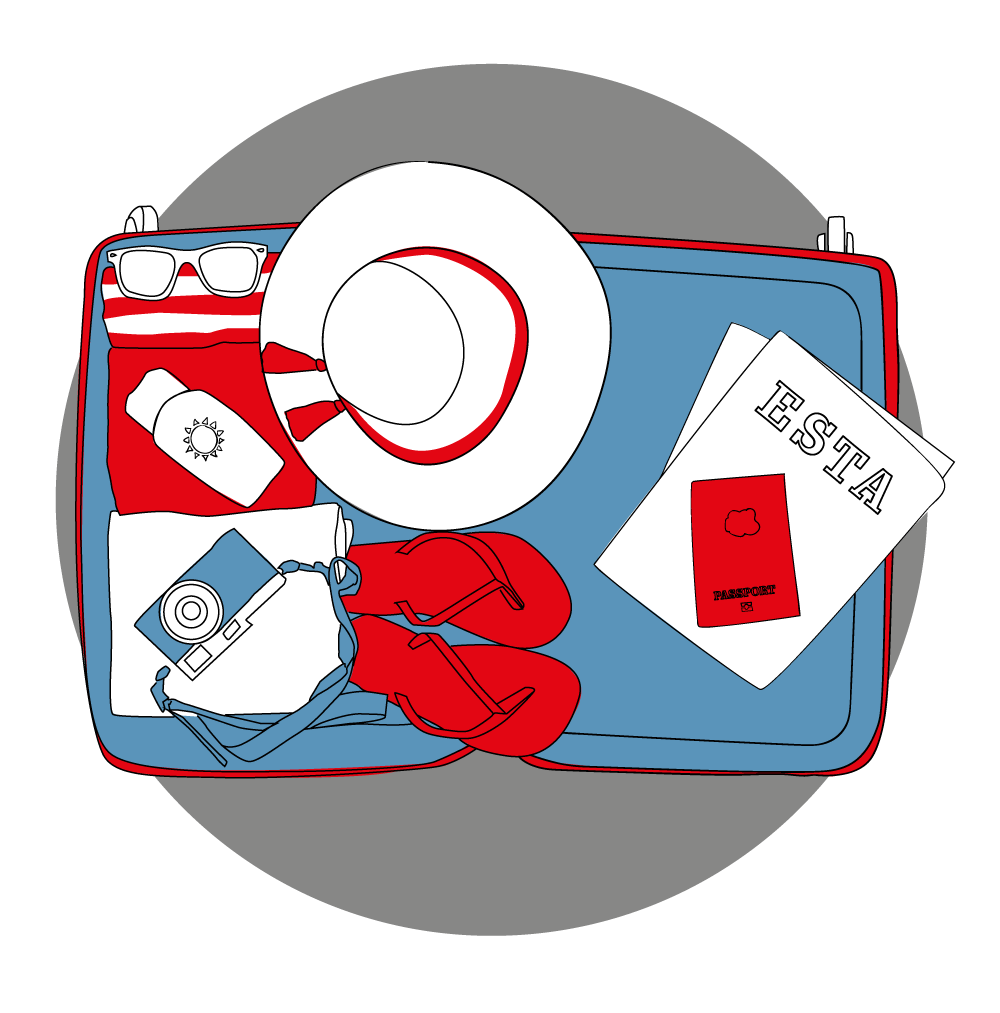Ein gut gepackter Koffer für die Reise in die USA, in dem auch ein ESTA-Antrag und der Reisepass nicht fehlen darf.